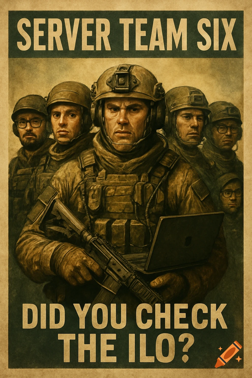A vintage military-style poster features a group of soldiers, one holding a rifle and laptop, with text 'SERVER TEAM SIX' and 'DID YOU CHECK THE ILO?'