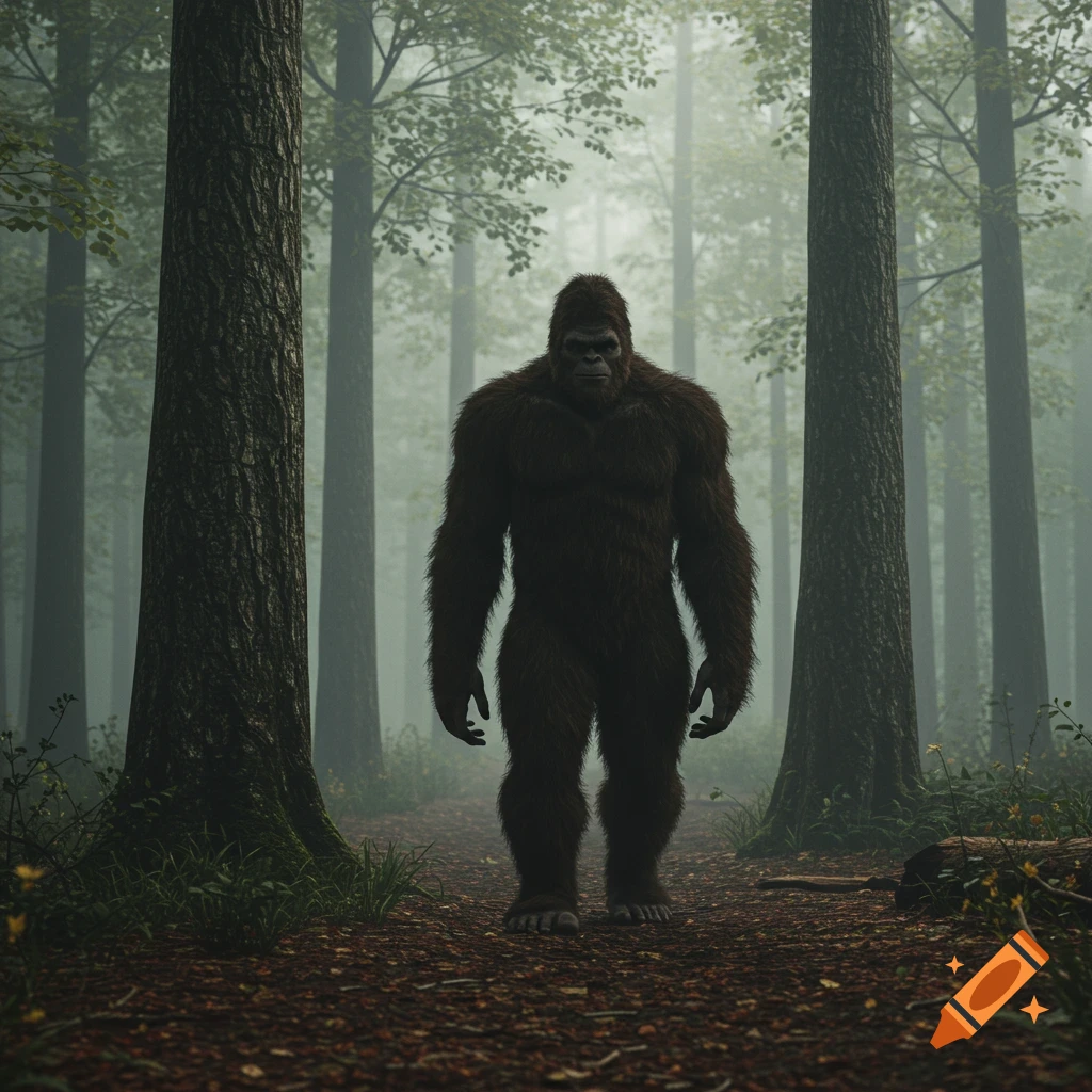 A realistic Bigfoot with dark brown fur stands in a misty forest at dawn, looking towards the camera, like found footage.