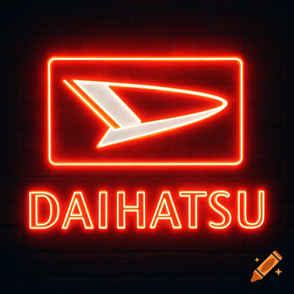 Neon sign displaying the white Daihatsu logo and the word DAIHATSU in red letters against a dark brick wall.
