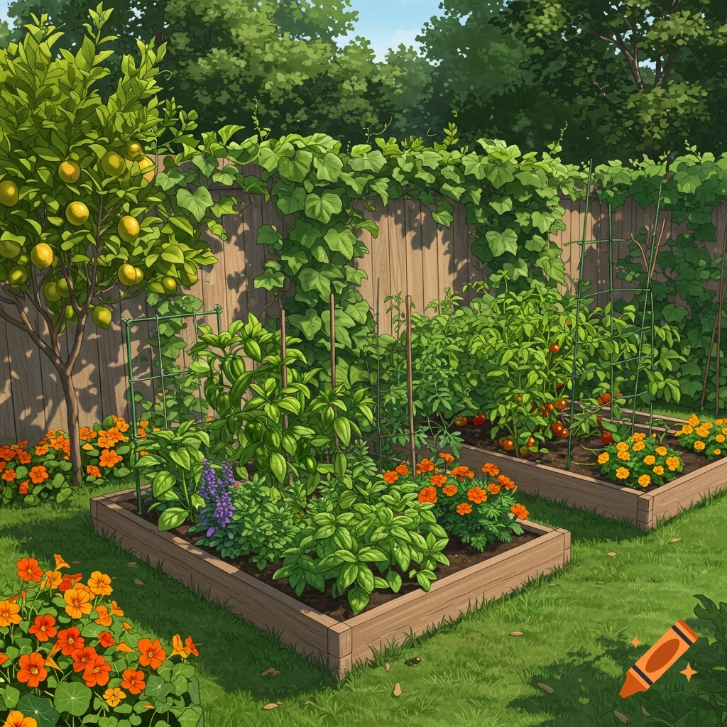 A vibrant garden scene with raised garden beds, a lemon tree, and lush vines growing on a wooden fence in an illustrative style.