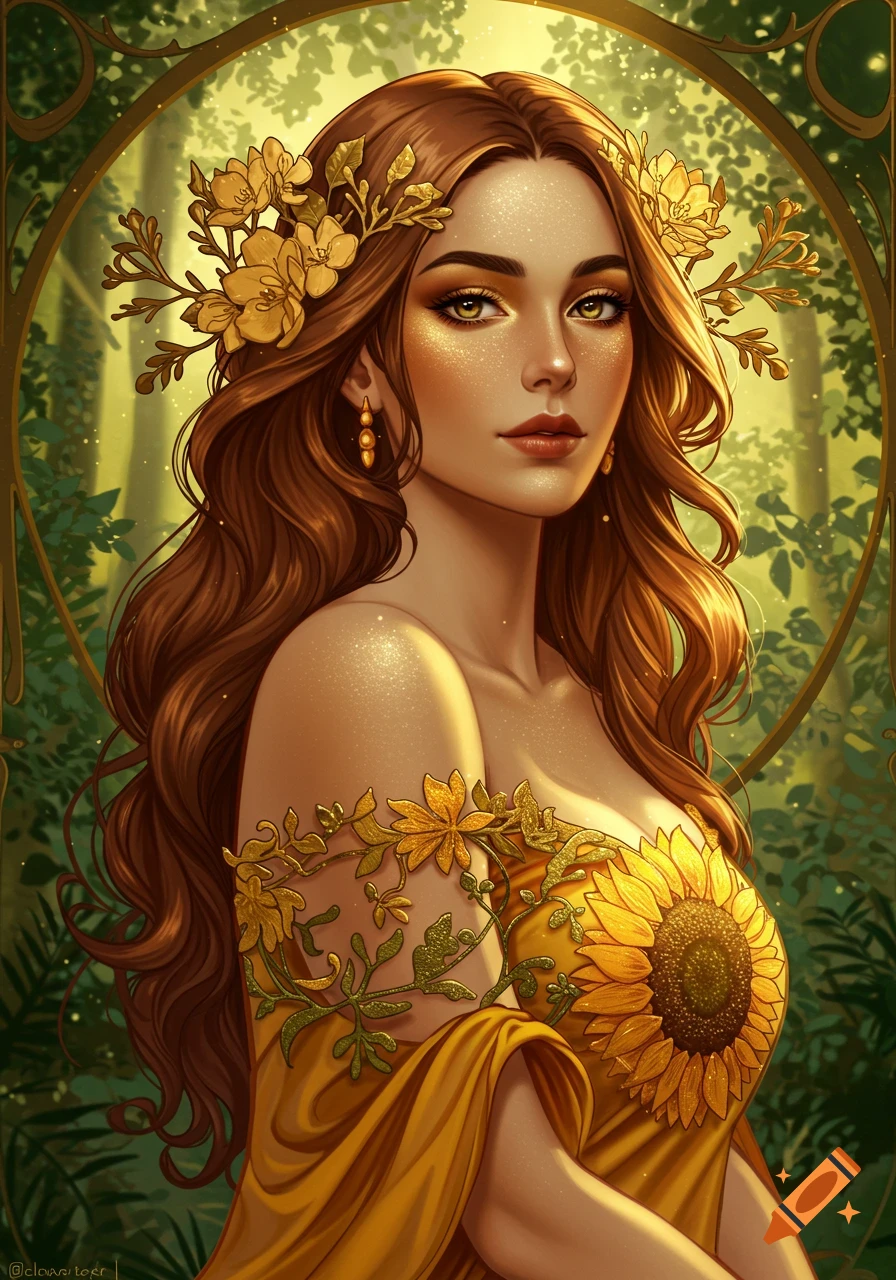 Art Nouveau style portrait of a woman with long brown hair, wearing a golden sunflower dress, in an enchanted forest.