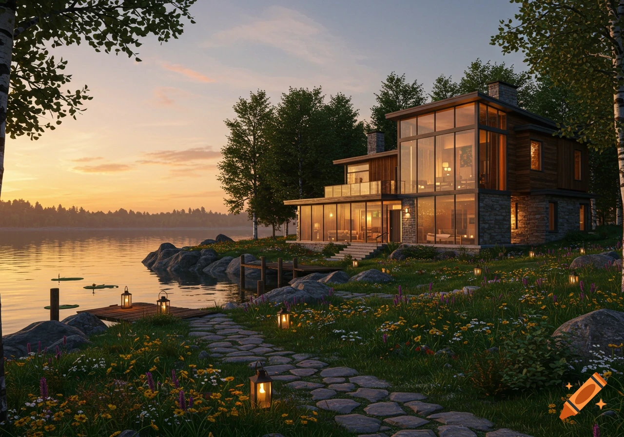 Photorealistic modern house by a lake at sunset, with a stone path leading to a dock and blooming wildflowers.