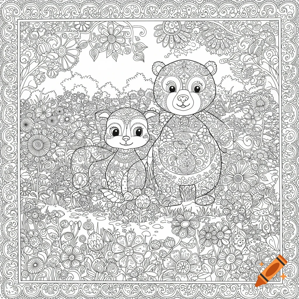 A black and white coloring page featuring a decorative border framing a bear and a squirrel in a field of detailed flowers.