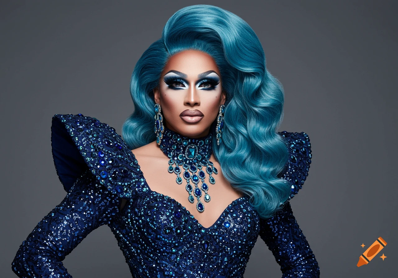 A drag queen with voluminous teal hair and dramatic makeup wears a sparkling blue sequined dress and elaborate jeweled necklace against a grey background.