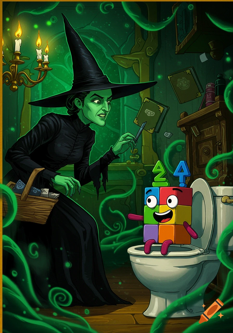The Wicked Witch of the West watches a laughing Numberblock character sitting on a toilet in a green, magical room.
