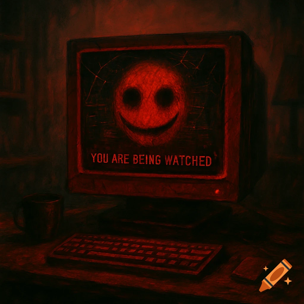 A creepy red-toned digital painting of a vintage computer with a glowing, distorted smiley face on the screen and the words "YOU ARE BEING WATCHED" in red text. The scene is dark and eerie.