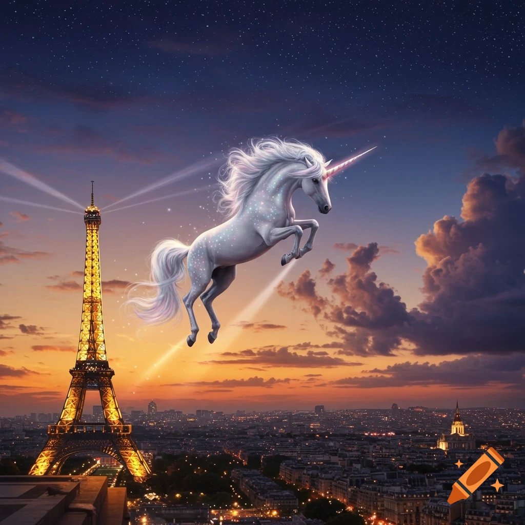A magical white unicorn with a pink horn and sparkling body flies above the illuminated Eiffel Tower and Paris cityscape at dusk.