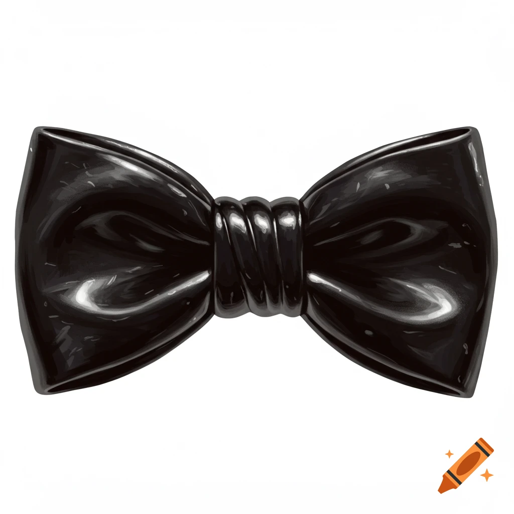 A glossy black bowtie with a twisted center on a white background.