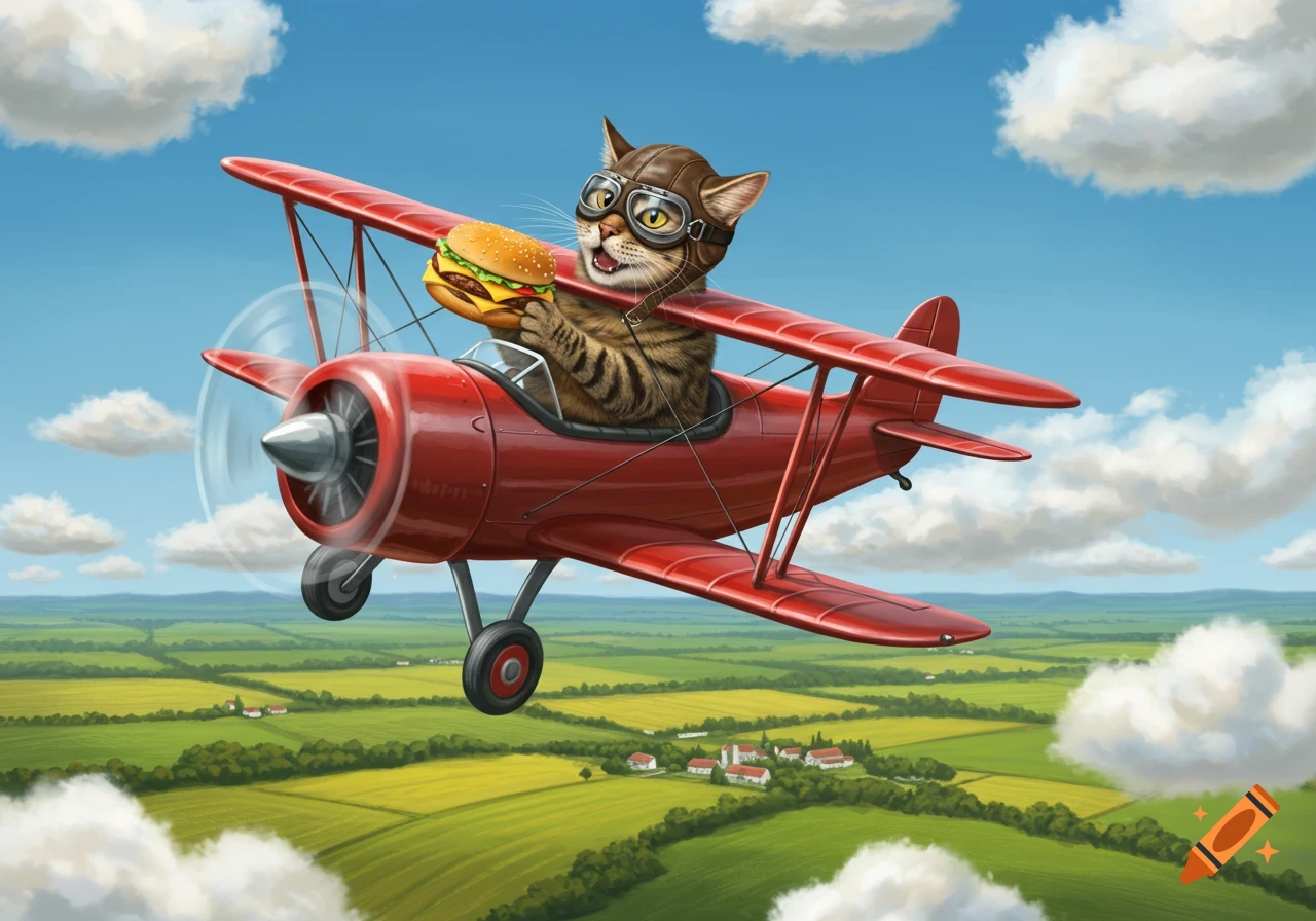 A cartoon cat in a pilot helmet and goggles flies a red biplane over green fields while holding a cheeseburger.