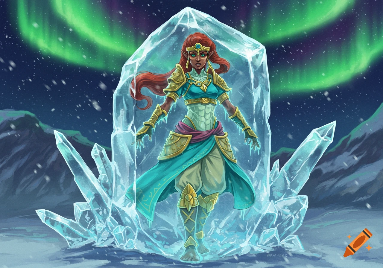 Urbosa, a character from Breath of the Wild, with red hair and golden armor, frozen inside a large ice block, under a green aurora sky.