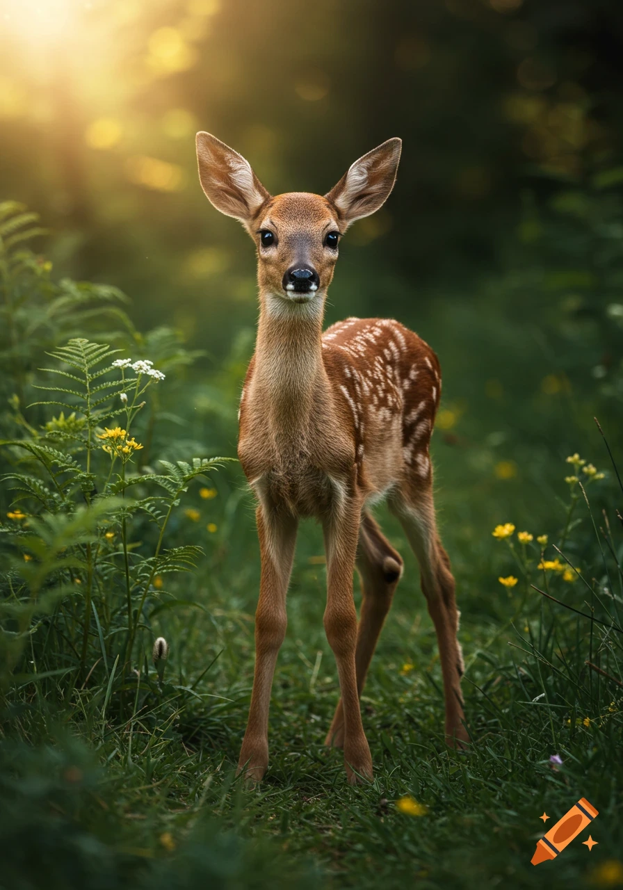 A photorealistic close-up of a young fawn with white spots standing in a sunlit green forest.