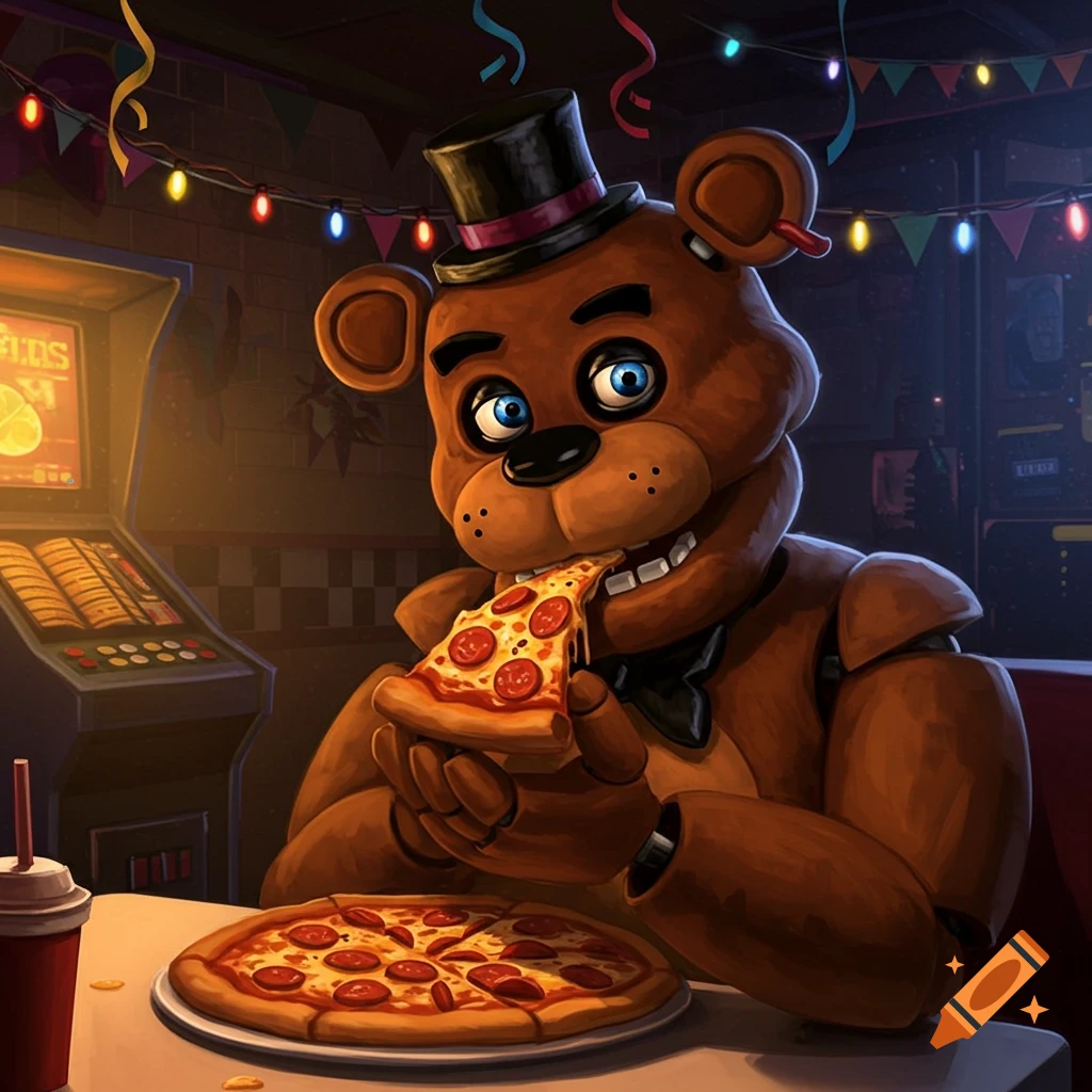Freddy Fazbear, a brown bear-like animatronic with a top hat and bowtie, happily eats a slice of pizza at a table with a full pizza and drink in a dimly lit arcade, surrounded by string lights and an arcade machine.