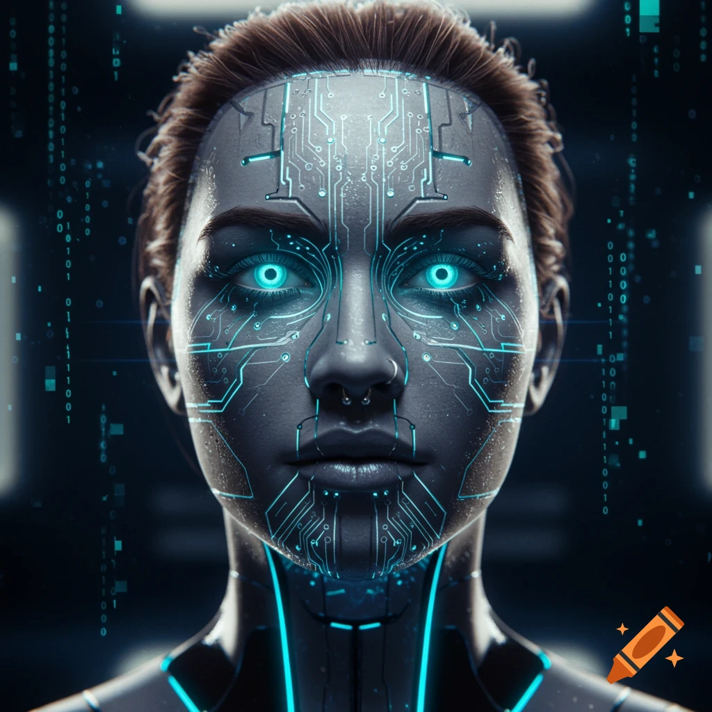 Close-up portrait of an AI-like human face with glowing blue eyes, integrated circuit patterns, and binary code in the background.
