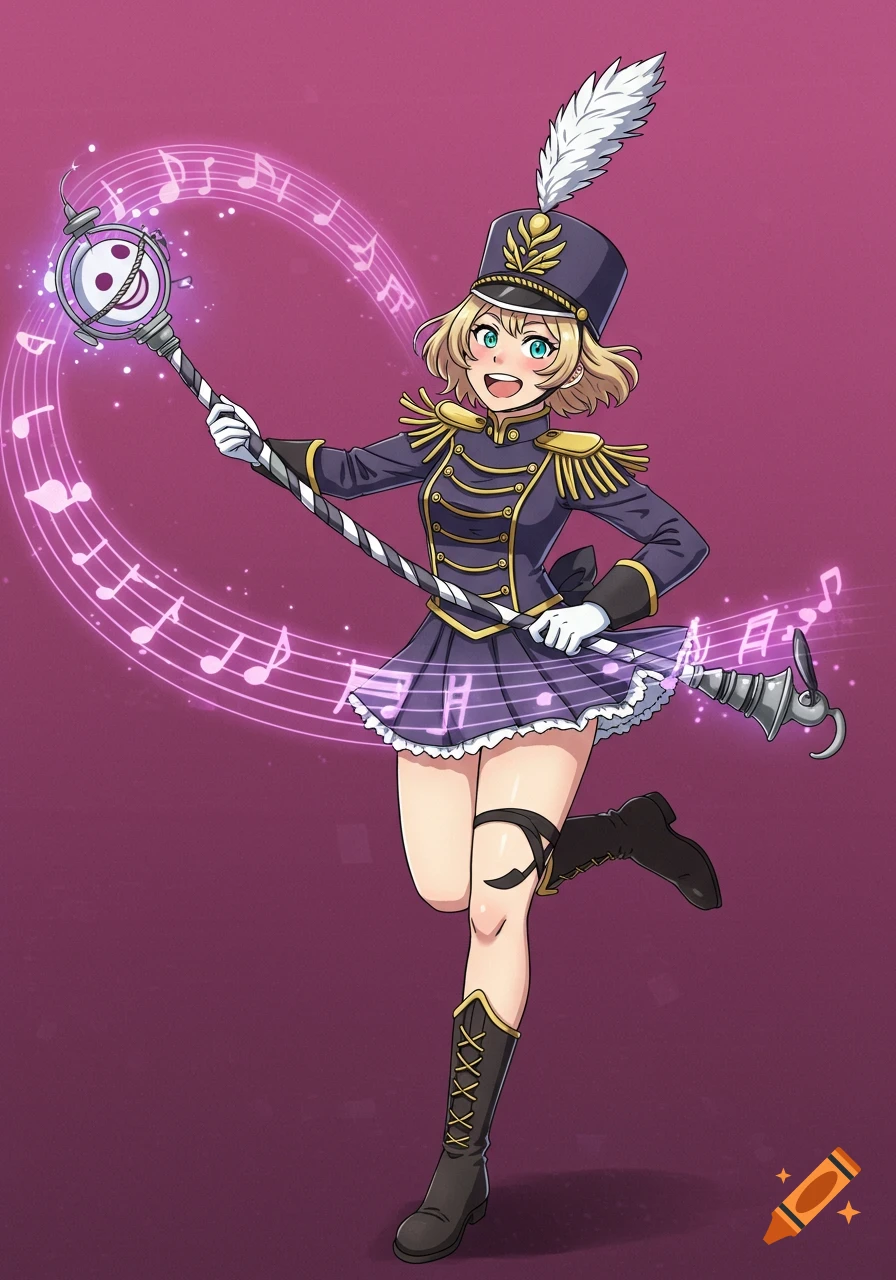 An anime-style girl in a purple marching band uniform and shako cap, happily wielding a glowing baton surrounded by musical notes.