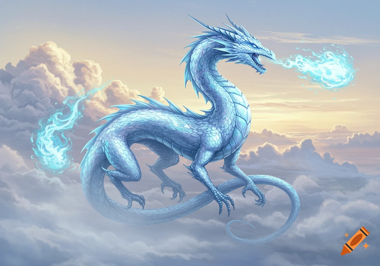 A detailed blue ice dragon with gem-like scales breathes blue fire while soaring through fluffy clouds in a pastel sky.