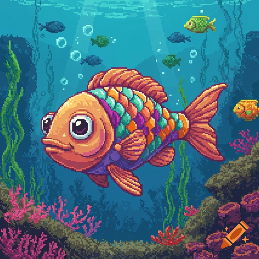 A colorful, wide-eyed pixel art fish swims in an underwater scene with coral and smaller fish.