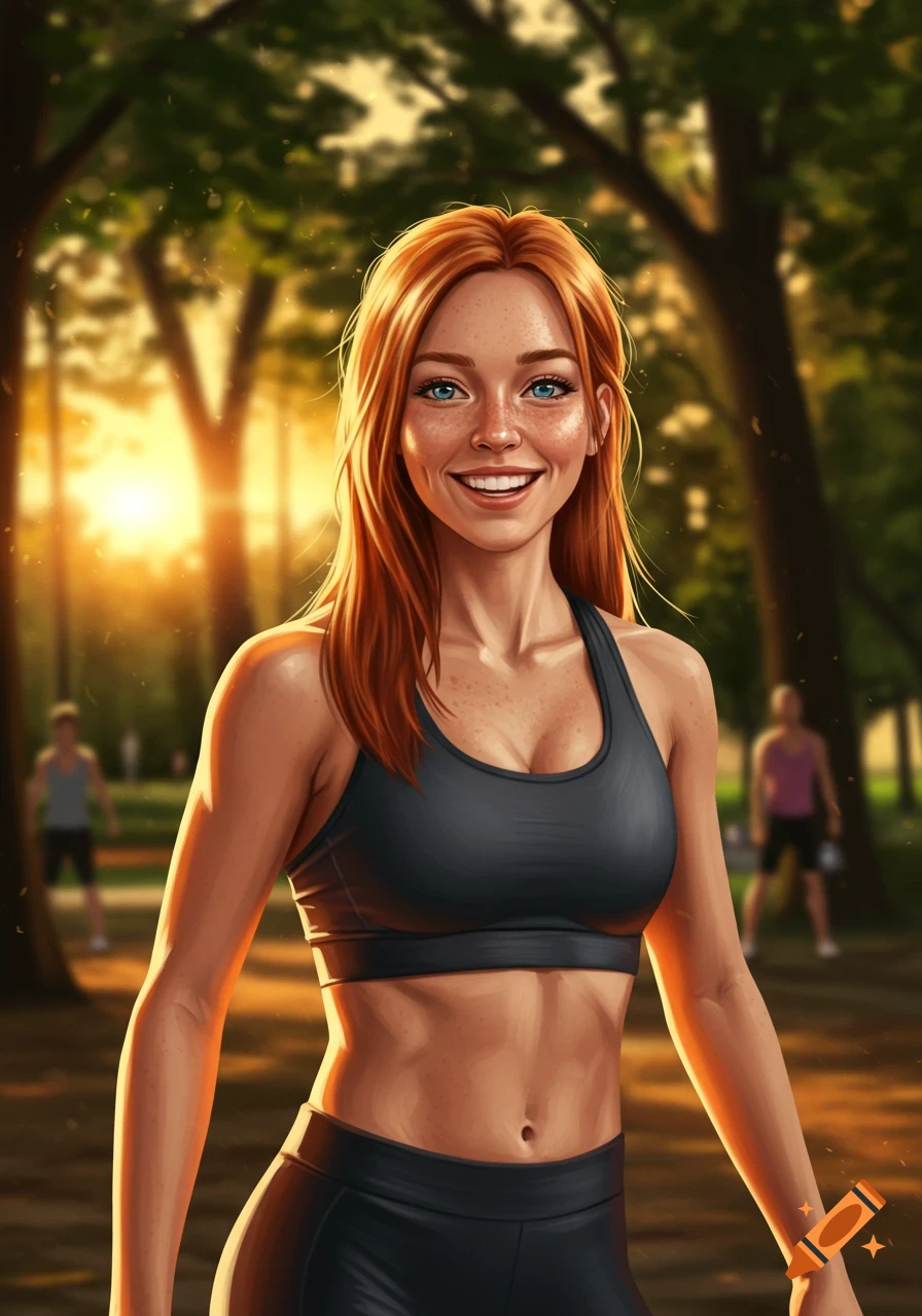 A smiling athletic woman with red hair and freckles in a park at sunset, illustrated.