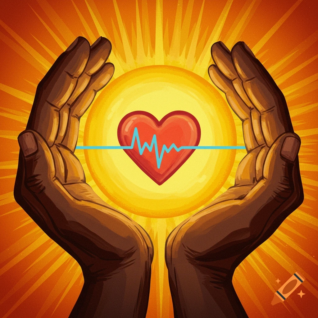 Two dark hands cupped around a glowing yellow sun with a red heart and blue heartbeat line at its center, stylized illustration.