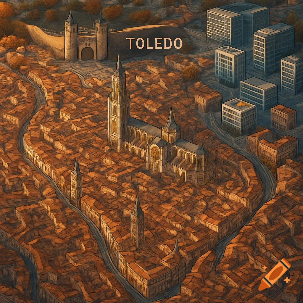 An isometric stylized map of Toledo, Spain, with 'TOLEDO' text, featuring historical architecture, a cathedral, and modern buildings.
