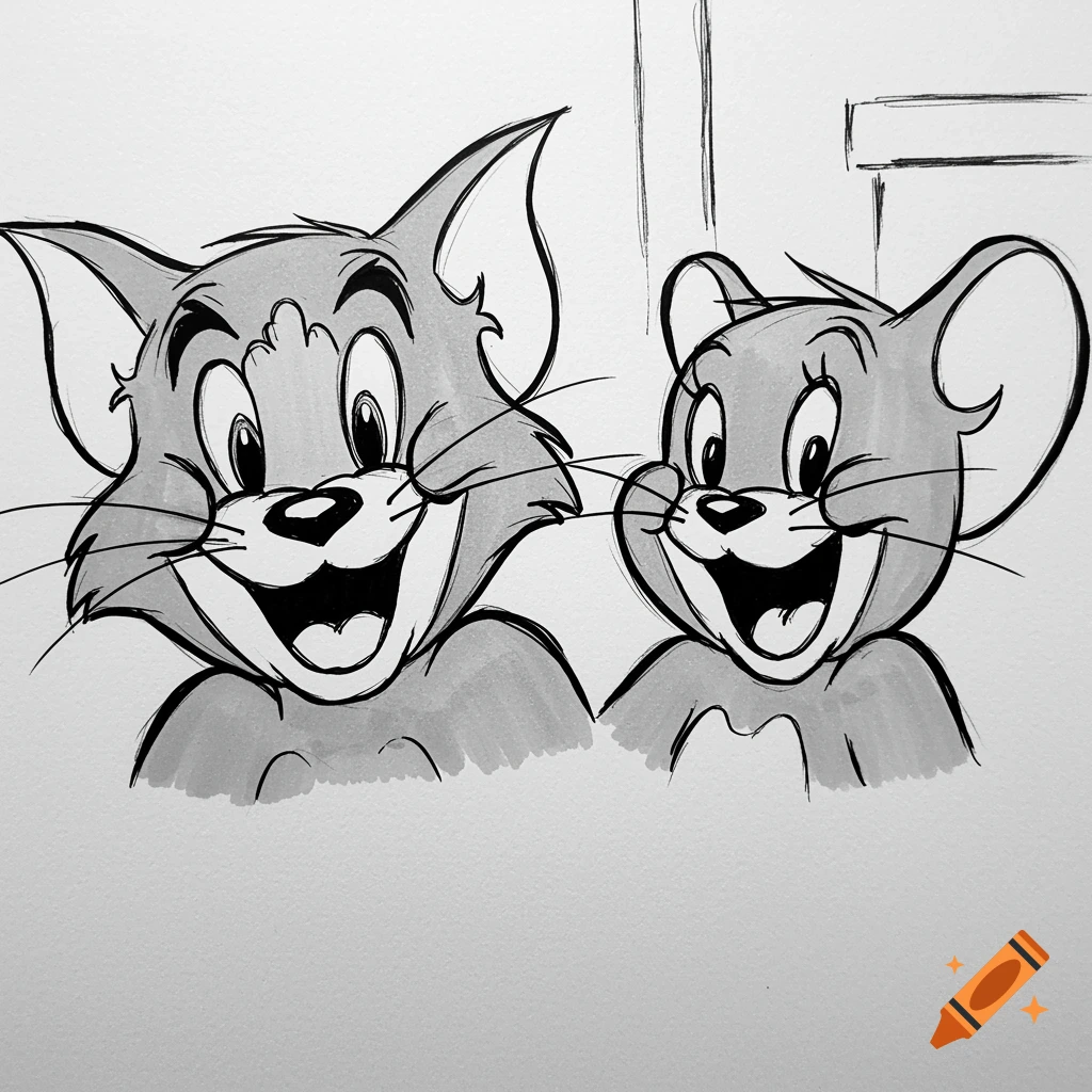 Black and white sketch of Tom and Jerry smiling.