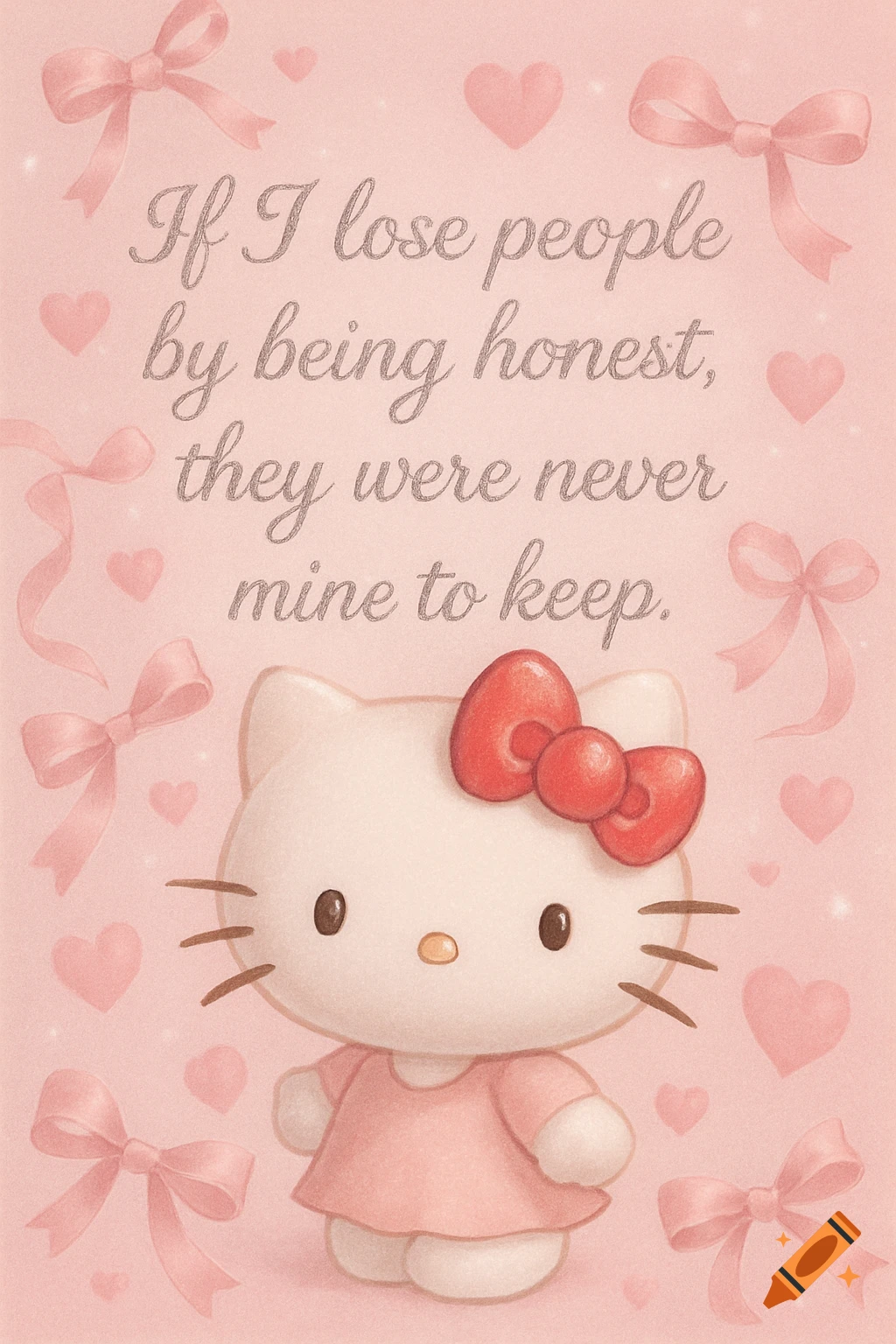 Hello Kitty illustration on a light pink background with hearts and bows. Text reads 'If I lose people by being honest, they were never mine to keep.'
