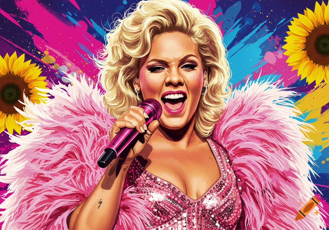 Vibrant pop art illustration of a singer with blonde curly hair and pink boa, singing into a microphone against a colorful background with sunflowers.