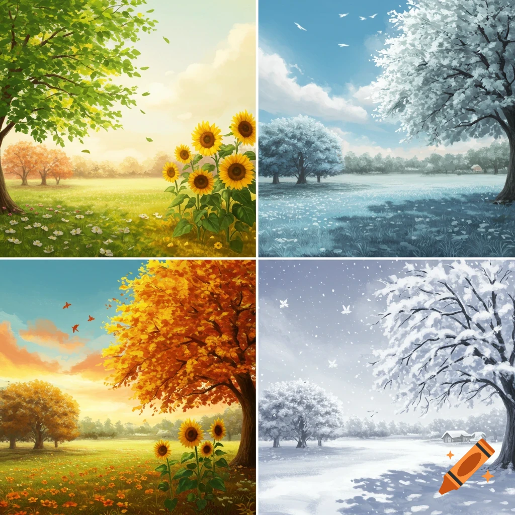 Illustrative scenes depicting the four seasons: spring, summer, autumn, and winter landscapes.