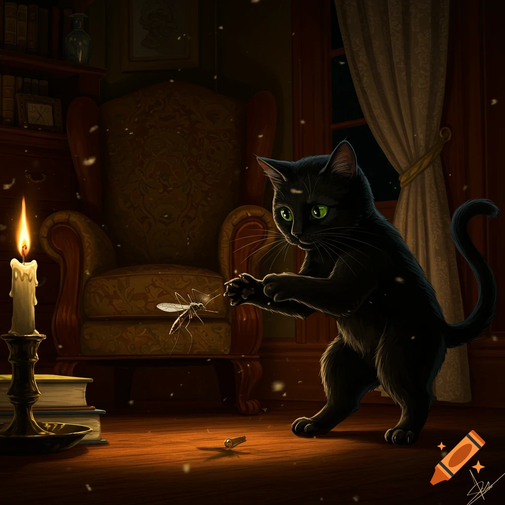 A black cat with green eyes curiously plays with a mosquito near a lit candle and books in a dimly lit room.
