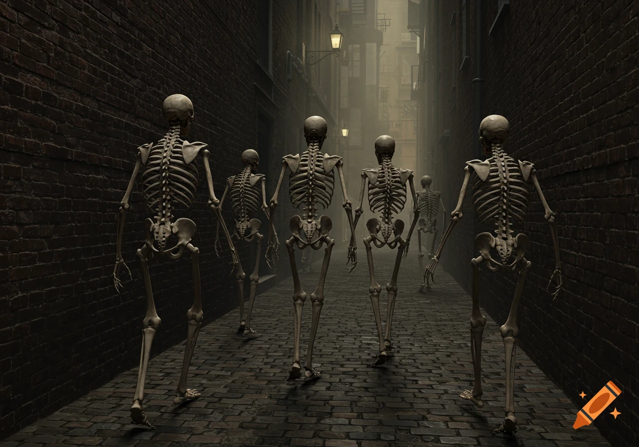 Several skeletons walk away from the viewer down a dimly lit, foggy brick alleyway with streetlights visible in the distance.