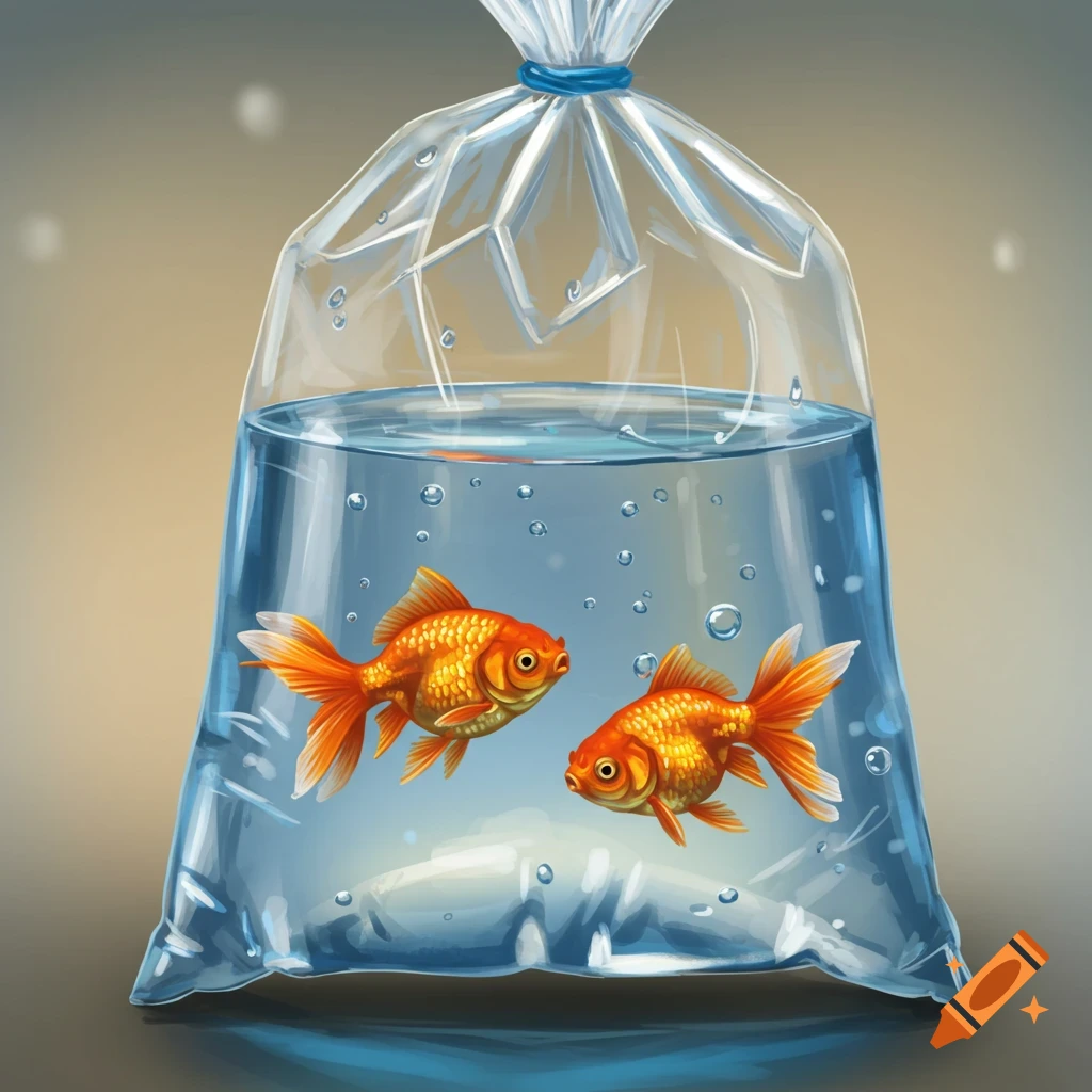 Two orange goldfish swim inside a clear plastic bag filled with water against a light background.
