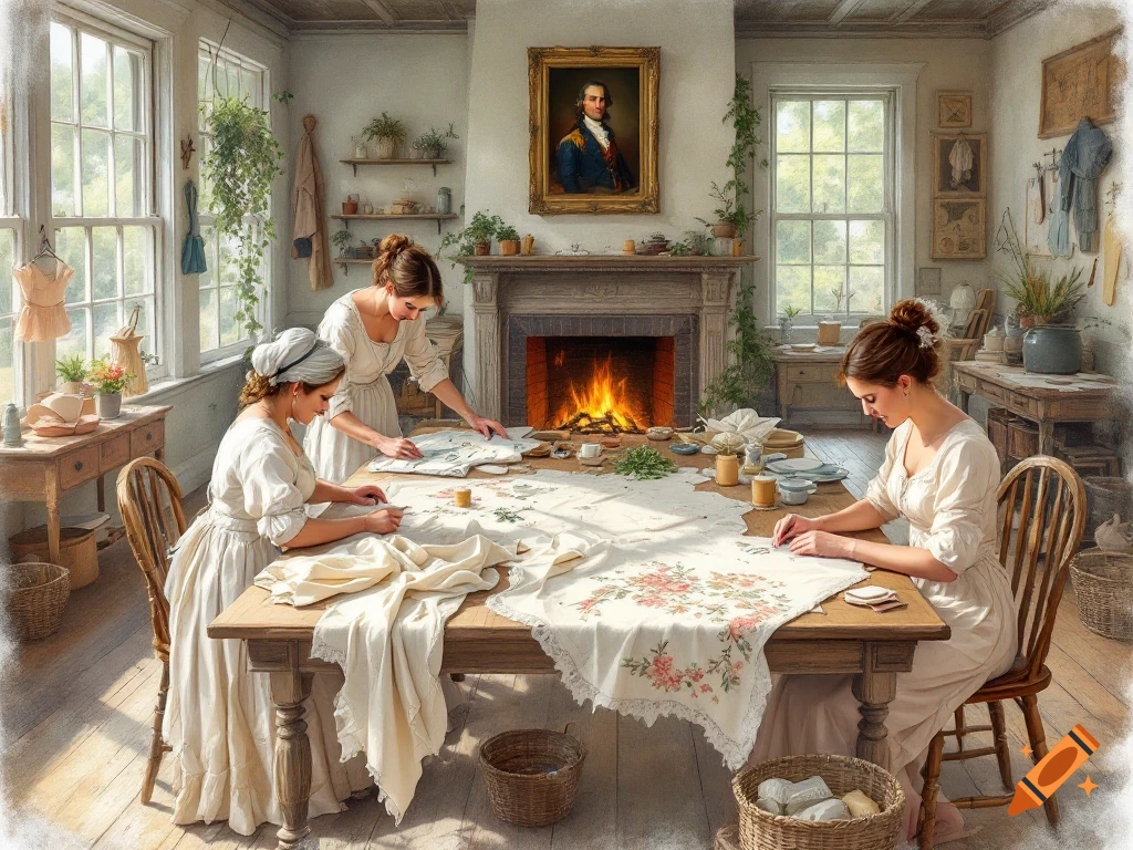 Three women in historical attire sew and embroider fabric on a large wooden table in a sunlit room with a fireplace and large windows.