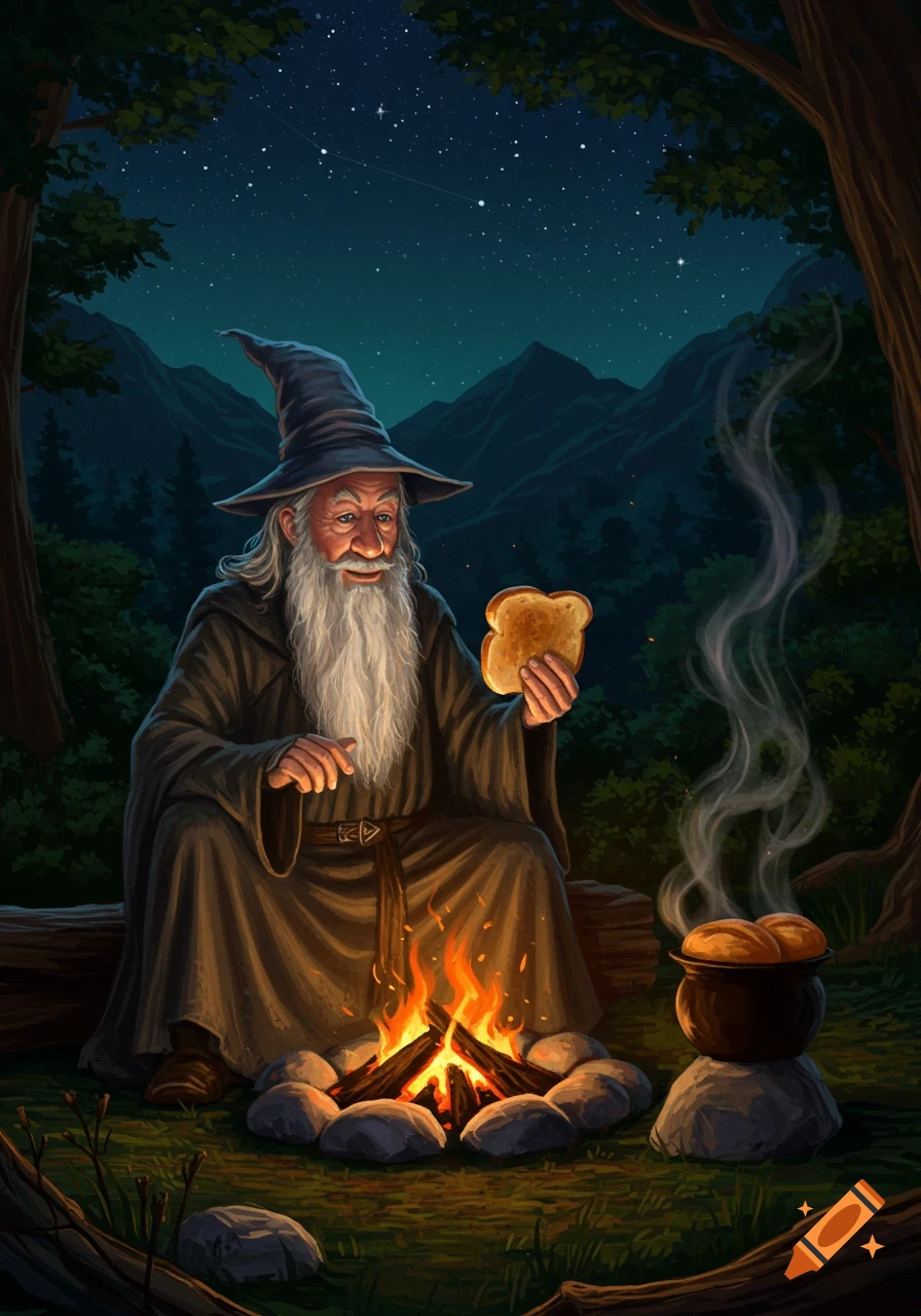 A wizard resembling Gandalf sits by a campfire at night, holding toast, with a pot of bread rolls nearby.