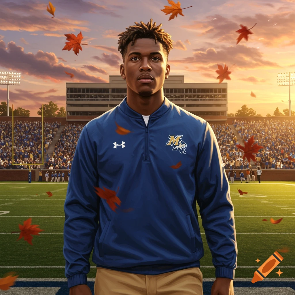 A young man with dreadlocks, wearing a navy blue jacket with a university 'M' logo, stands on a football field at sunset with autumn leaves falling around him.