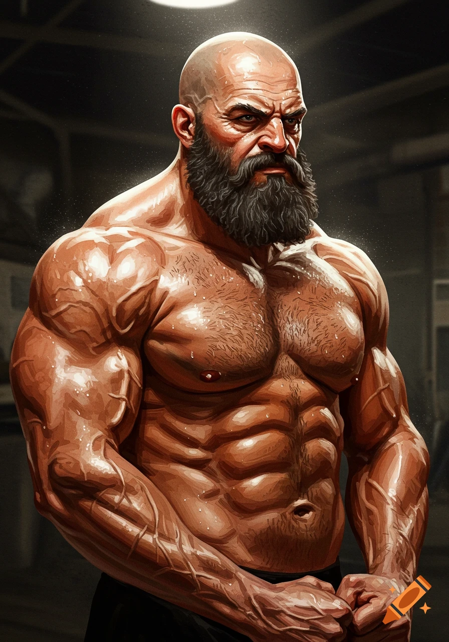 A highly muscular, bald, and bearded man with sweat and prominent veins on his skin, looking intensely.