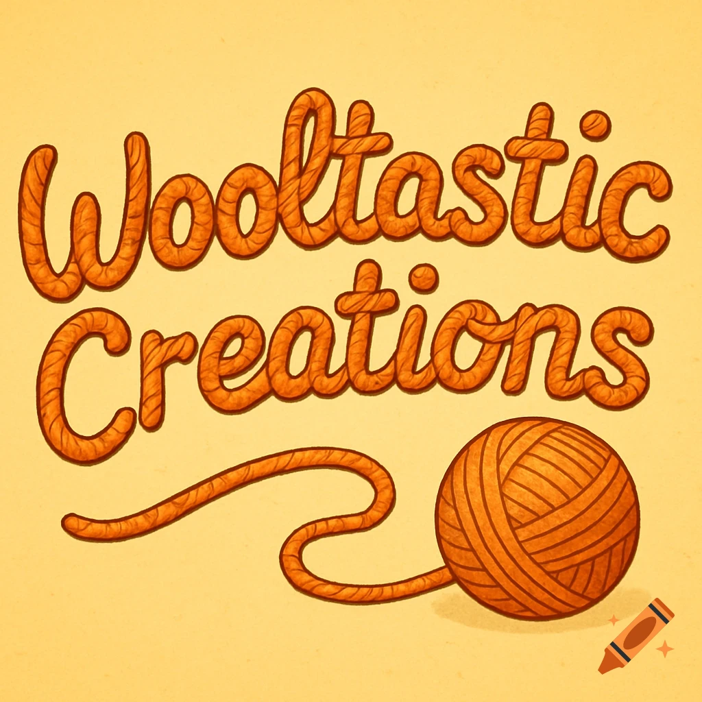 Cartoon-style logo for 'Wooltastic Creations' with orange wool-textured letters and a ball of orange yarn.