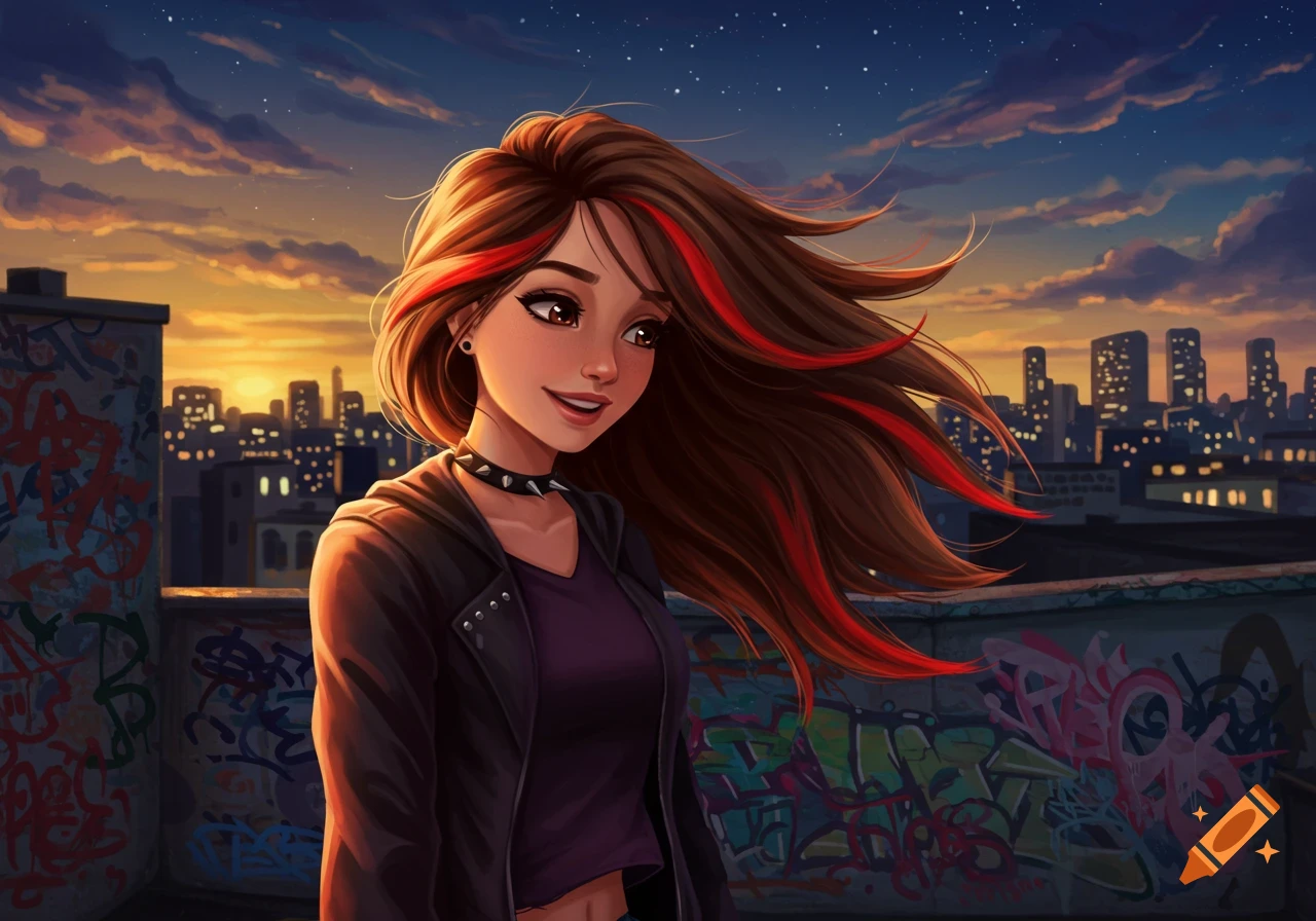 Stylized digital art of a smiling teenage girl with brown hair and red streaks on a graffiti-covered rooftop overlooking a city at sunset.