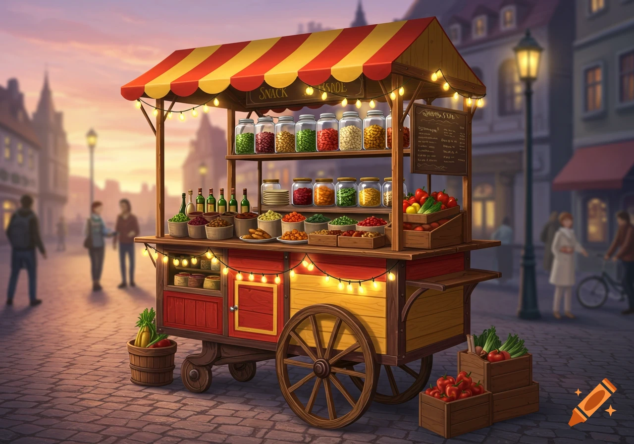 A vibrant snack cart with a red and yellow striped awning and string lights on a cobblestone street, filled with jars of nuts, fresh produce, and bottles, with blurred people and buildings in the background.