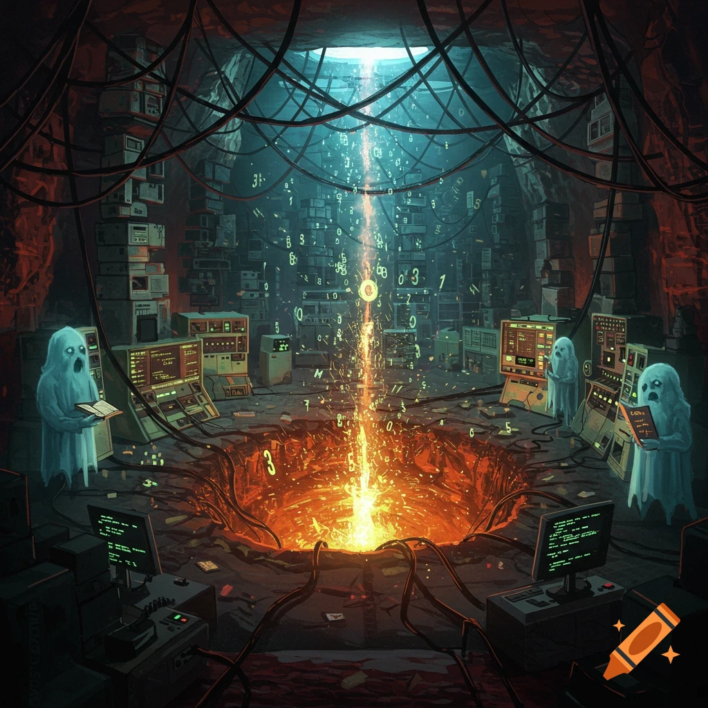 A stylized digital artwork depicting a cavernous, dark 'hell' level filled with old computer equipment and tangled wires. Ghost-like figures stand by computer consoles, observing a glowing, fiery pit from which a beam of light rises, scattering binary code and numbers.