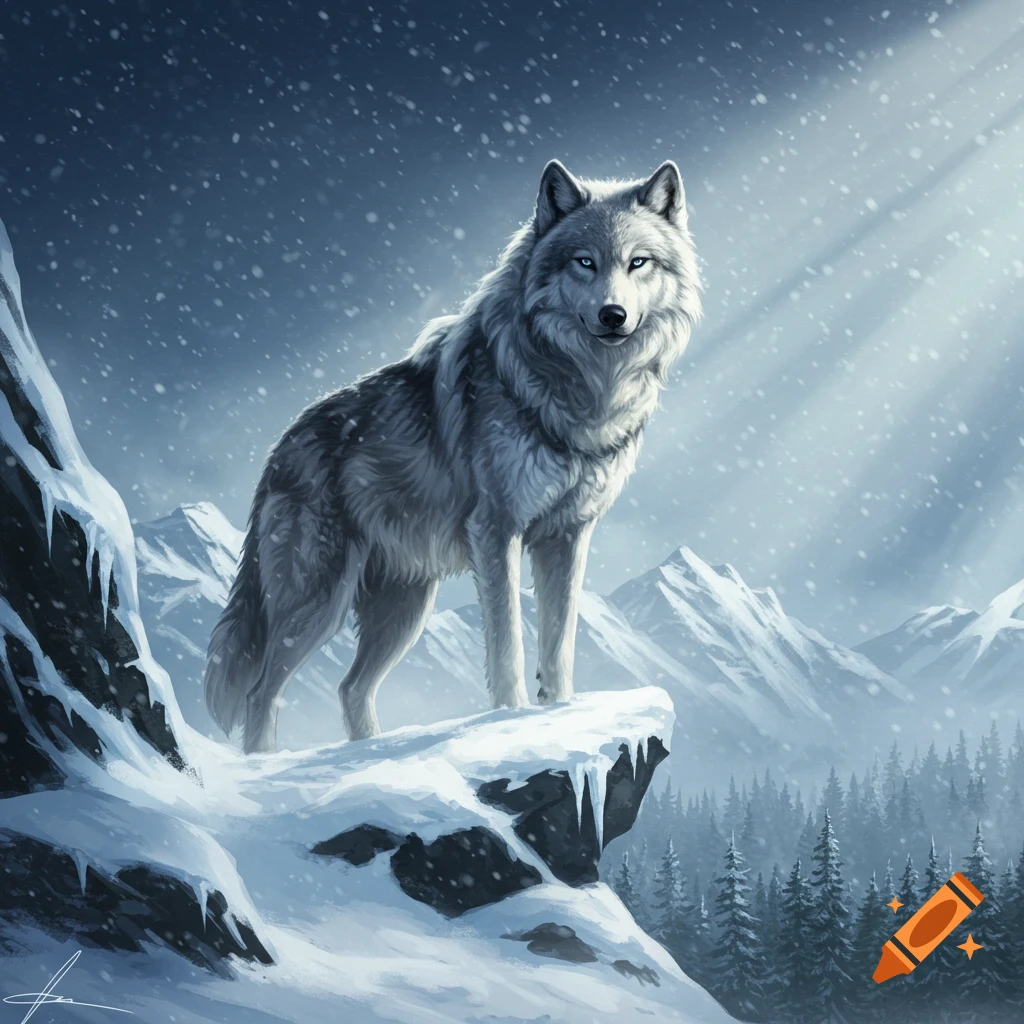 A majestic white wolf with blue eyes stands on a snowy mountain cliff as snow falls, overlooking a forest and distant peaks.