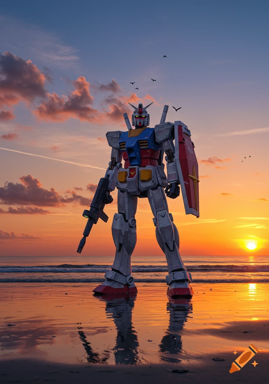 A large Gundam RX-78 robot stands on a beach with a rifle and shield at sunset, reflected in the wet sand.