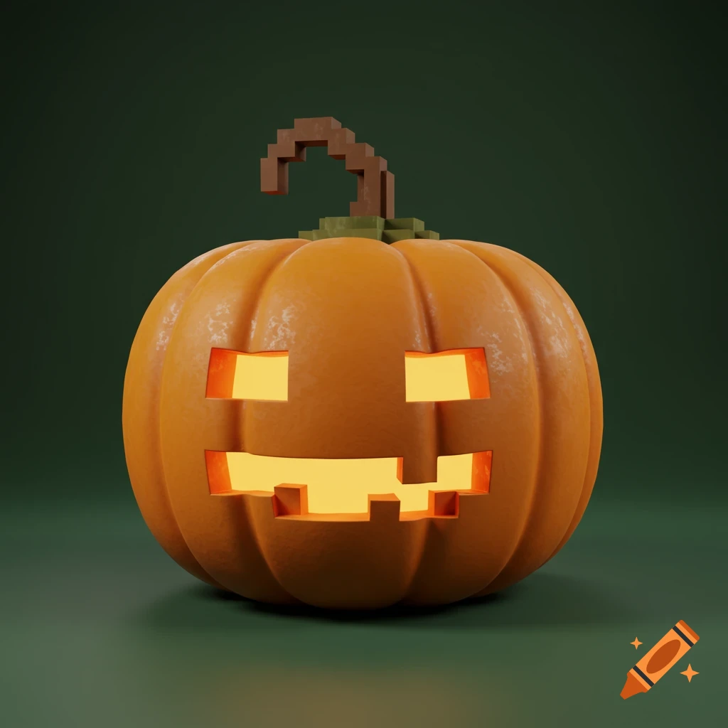 A 3D rendered pixel art jack-o'-lantern with a glowing carved face and pixelated stem on a dark green background.