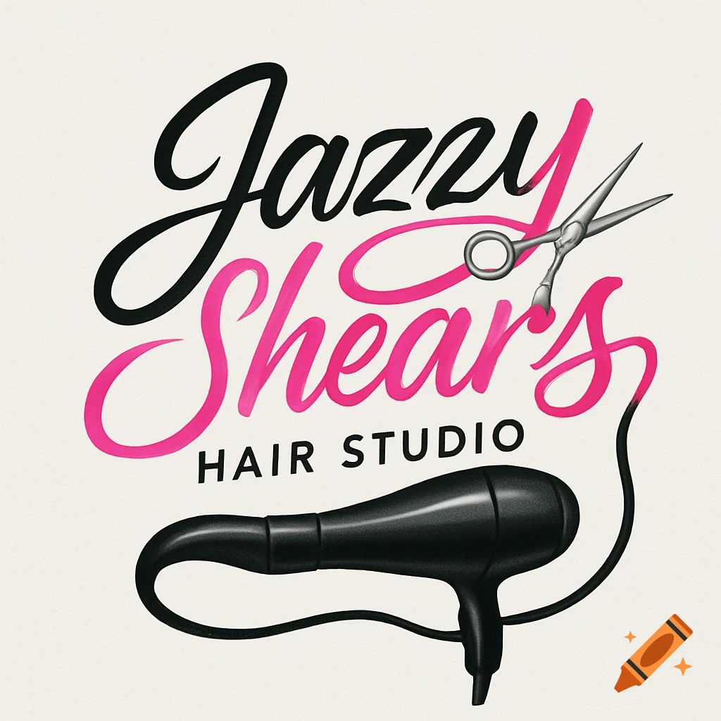 A hair salon logo for Jazzy Shears Hair Studio with black and pink cursive text, a silver pair of scissors, and a black hairdryer.