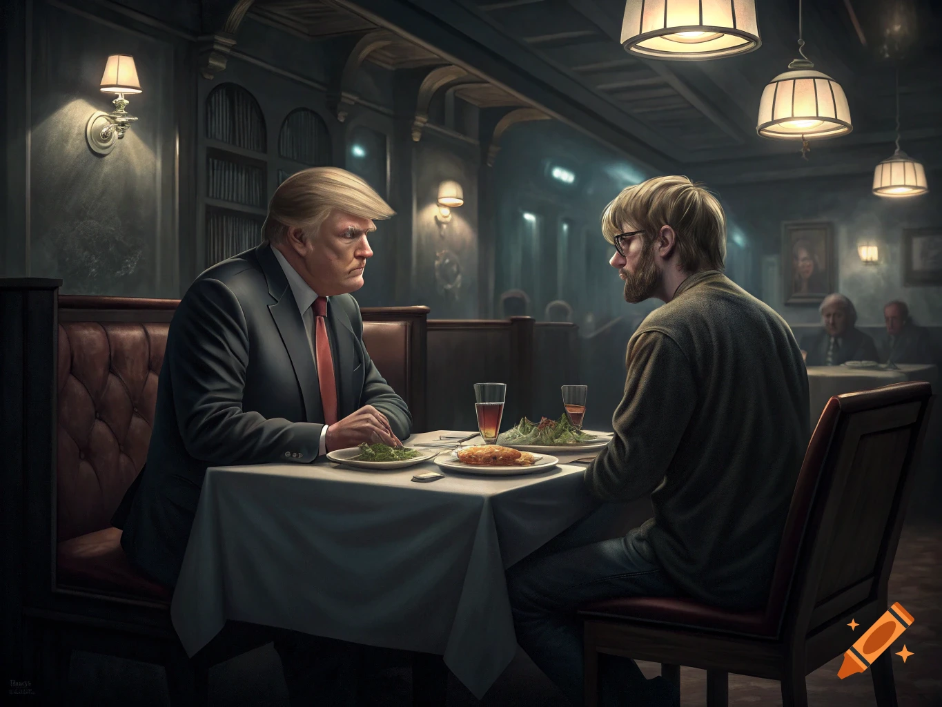 A photorealistic image of Donald Trump and a man resembling Jeffrey Dahmer sitting across from each other at a dining table in a dimly lit restaurant.