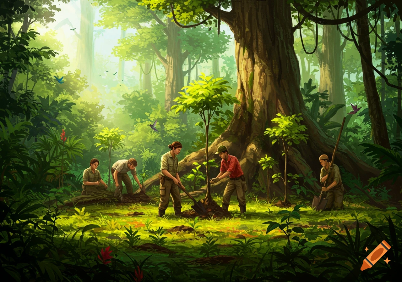 Illustrated scene of people reforesting a lush, sunlit jungle by planting young trees.