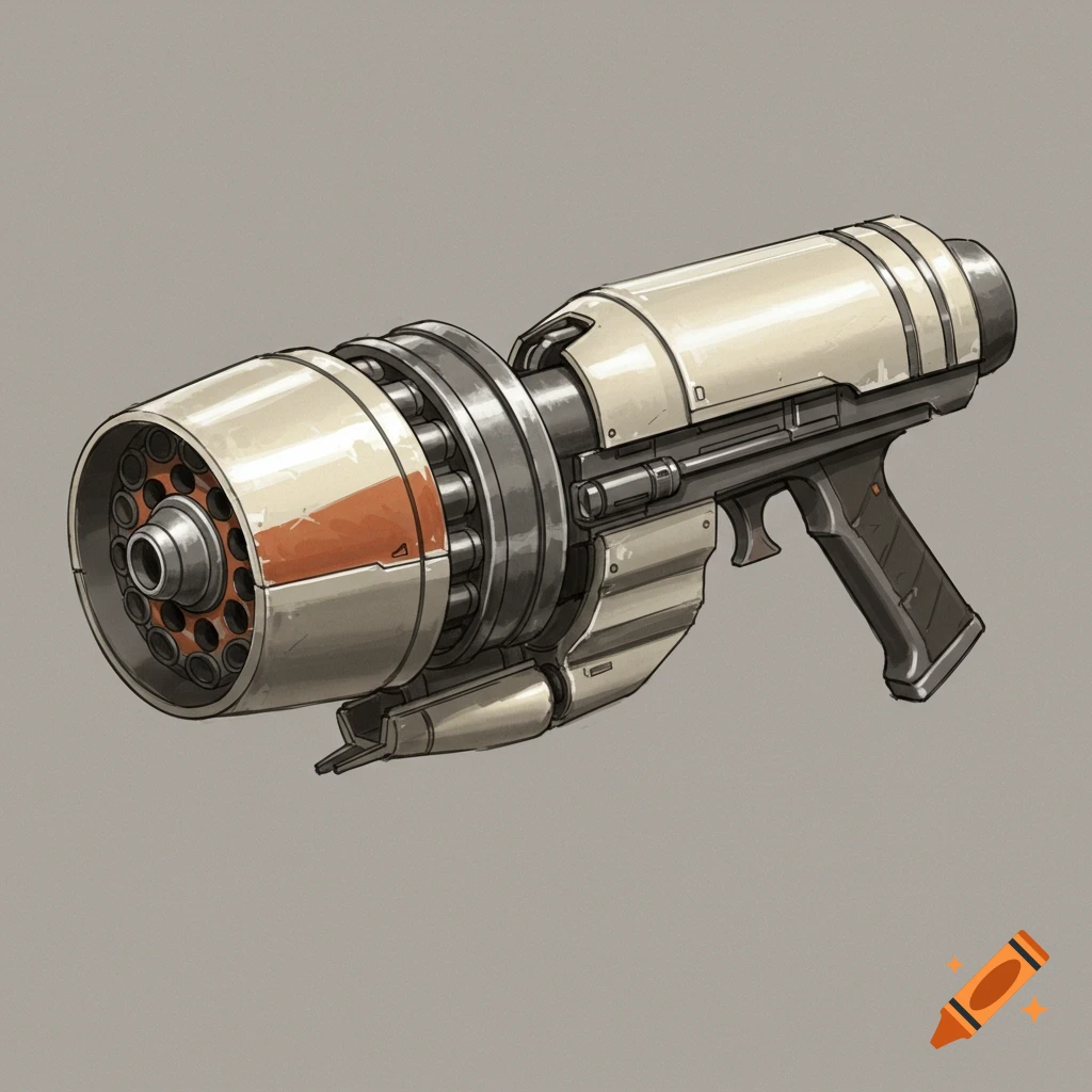 A light cream-colored sci-fi rotary blaster cannon with dark grey accents and a sketched, concept art style, against a plain background.