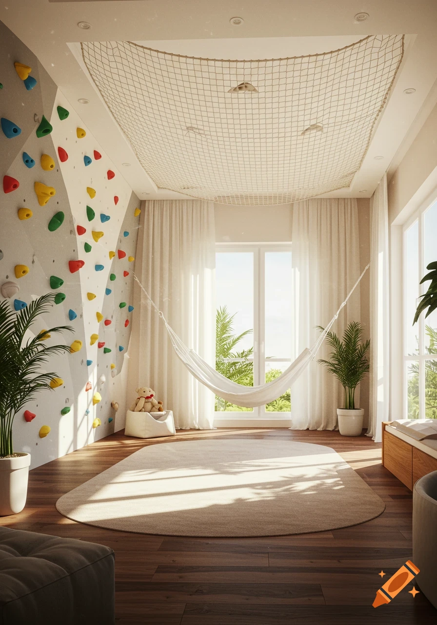 A sunlit teen's bedroom with a colorful rock climbing wall, white hammock, overhead net, wood floors, and plants.