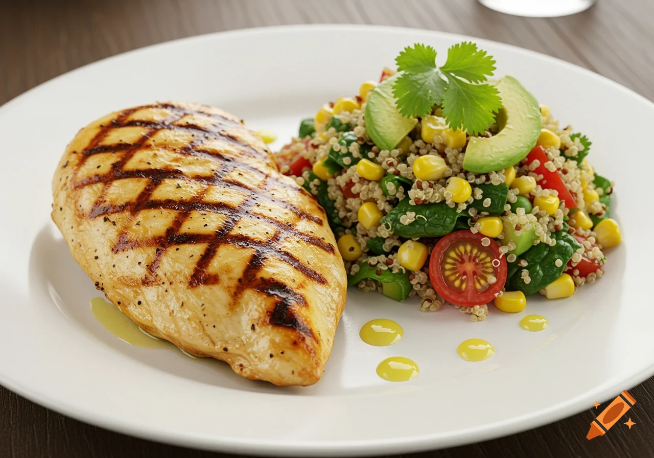Photorealistic image of a grilled chicken breast and a quinoa salad with corn, spinach, avocado, and tomato on a white plate.