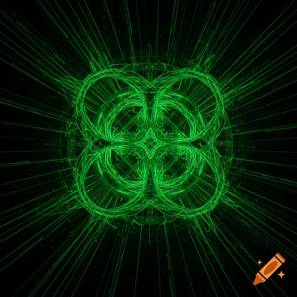 Symmetrical green wireframe abstract pattern with radiating lines on a black background.