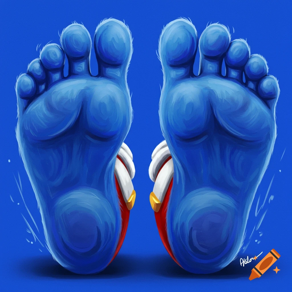 Two blue, furry feet, resembling Sonic the Hedgehog's, are splayed out with red and white shoes visible at the ankles, against a blue background.