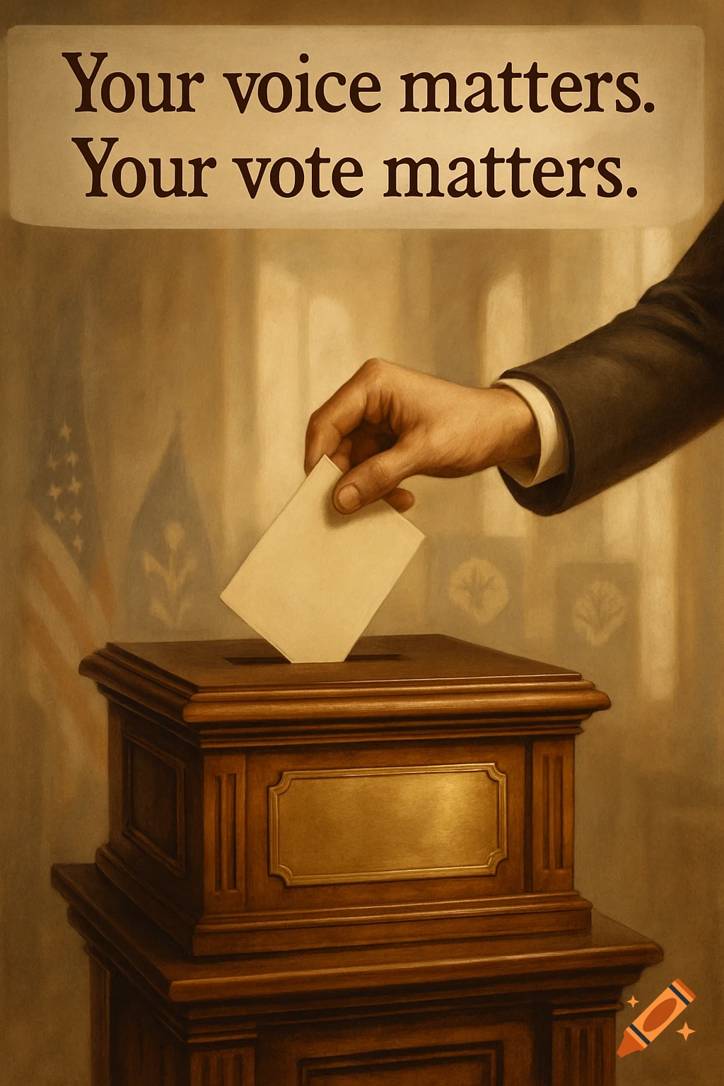 A hand drops a ballot into a wooden voting box under the text 'Your voice matters. Your vote matters.' in a sepia-toned painting.